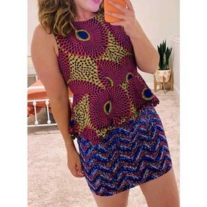 Suakoko Betty Pink African Blue Batik Mini Dress Sz. 14 (Fits Like Medium)